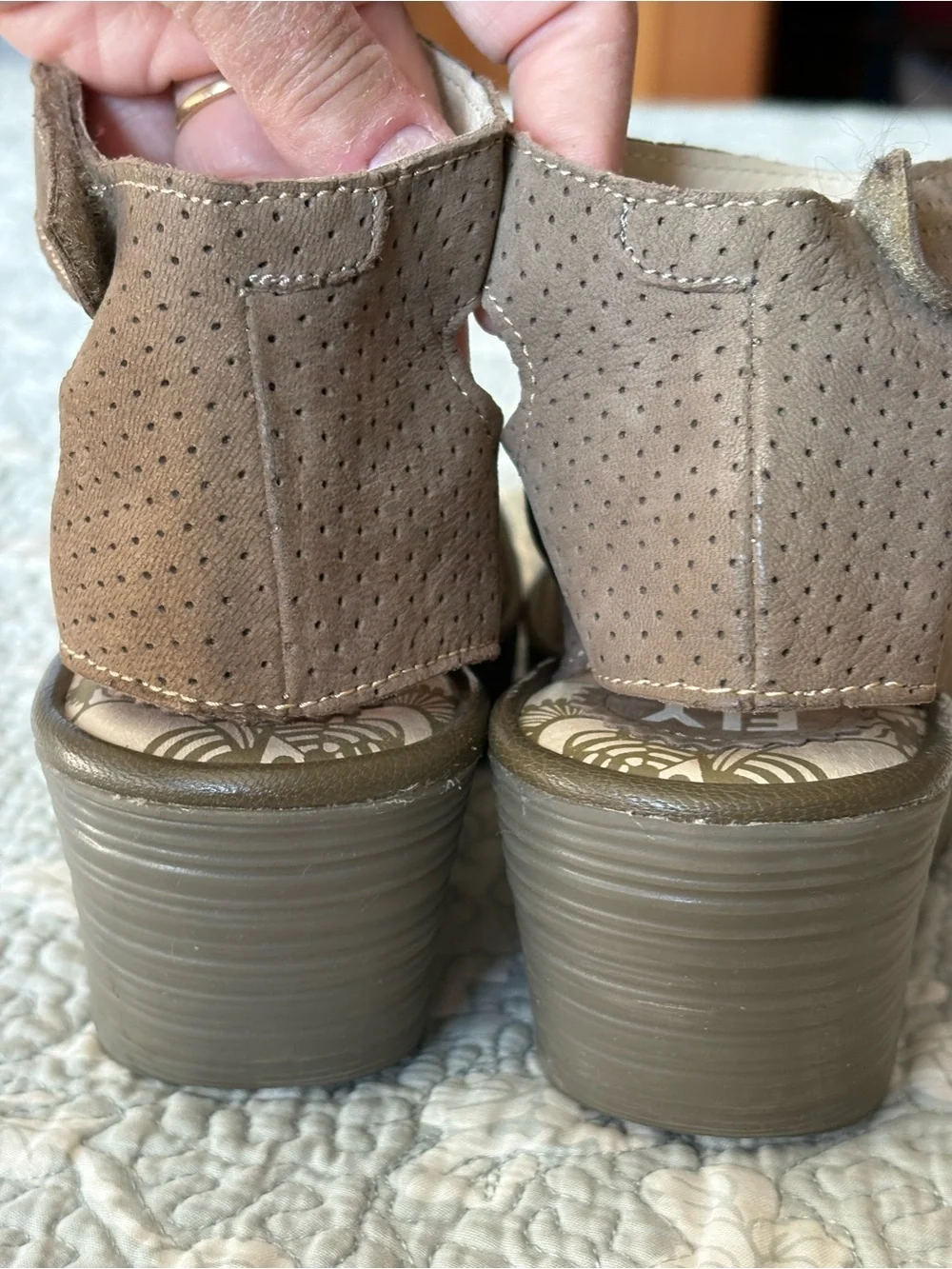 Fly London Yala Perf Platform Wedge Peep-Toe Ankle Strap Sandal - Taupe 39(8.5)